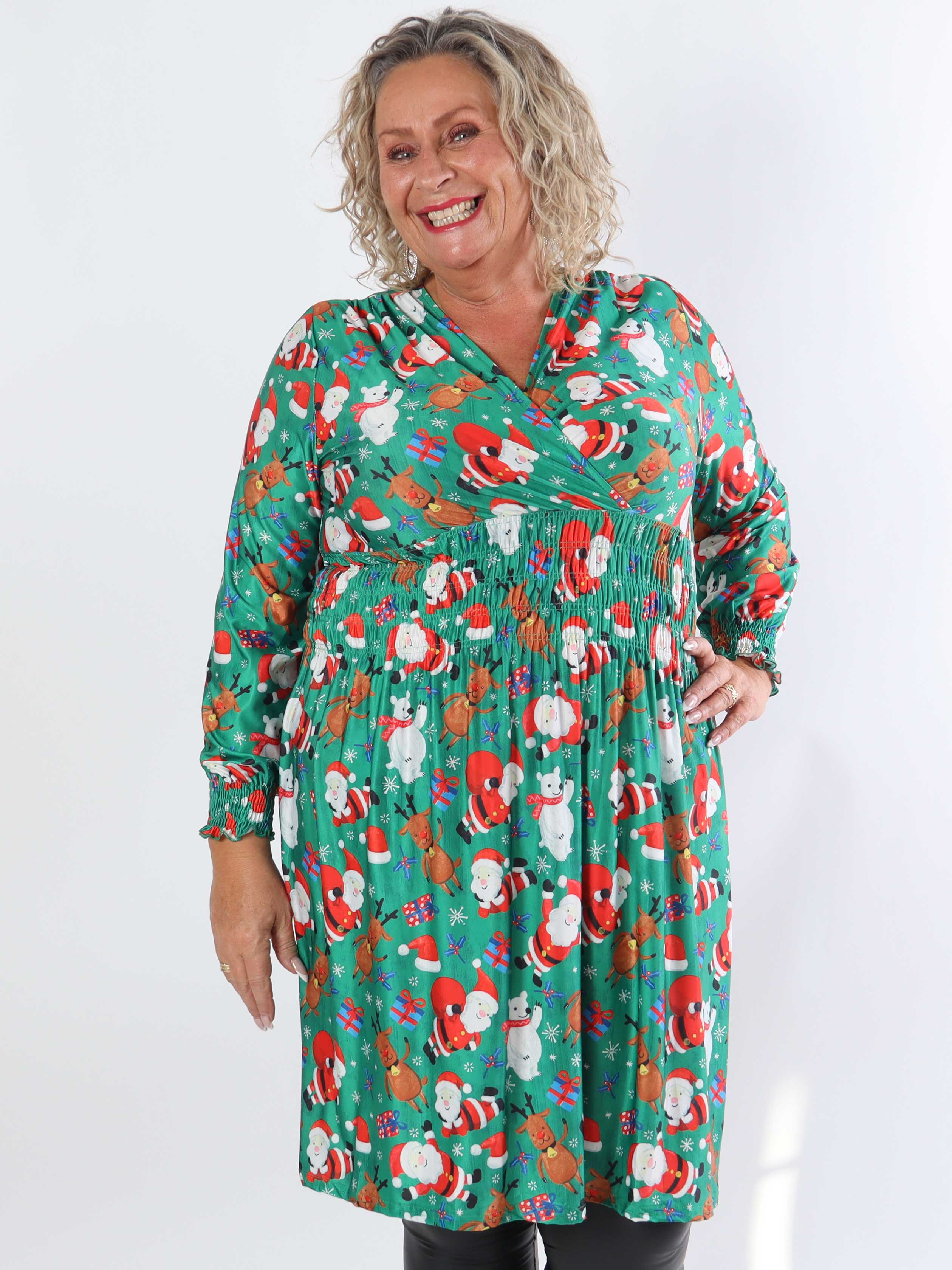 Pams Christmas Short L/S - Elastisk plus size kjole med juleprint